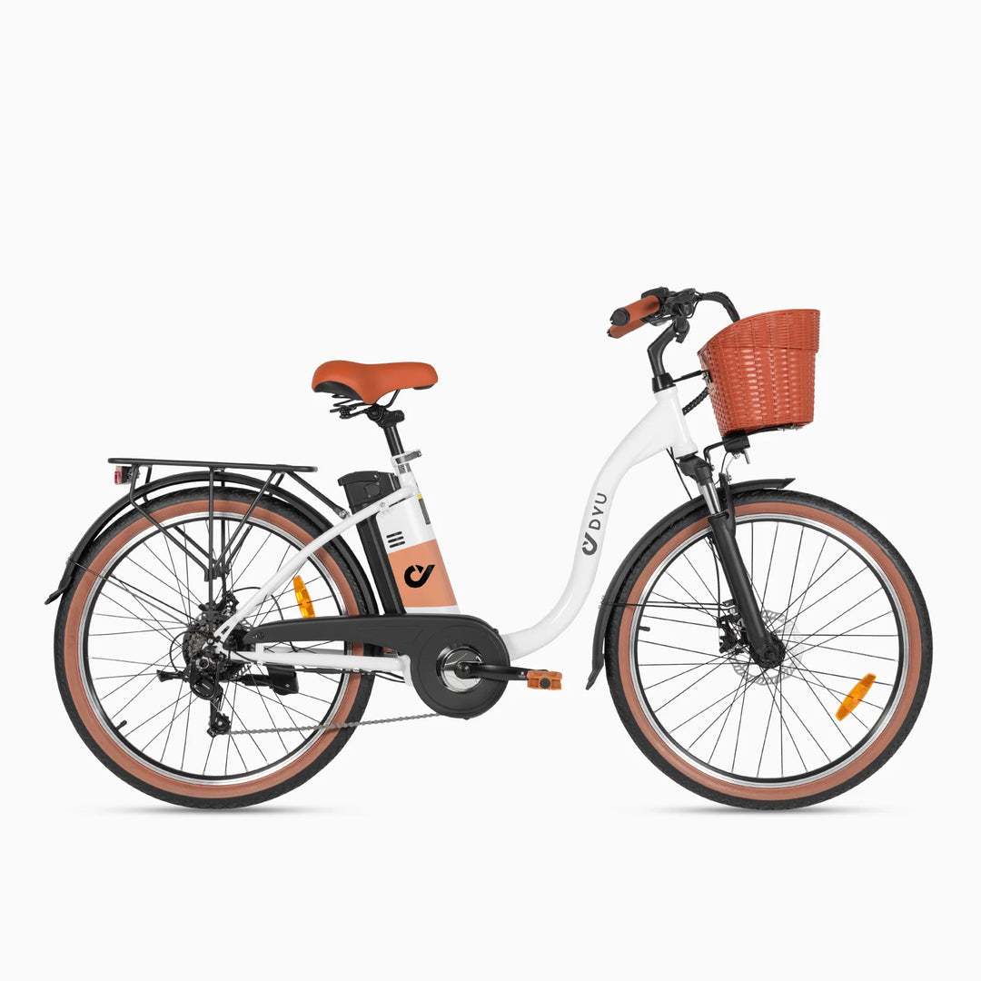 DYU C6 Pro 26 Inch City Electric Bike - White and Orange, Step-Through E-Bike with Basket and Rear Rack