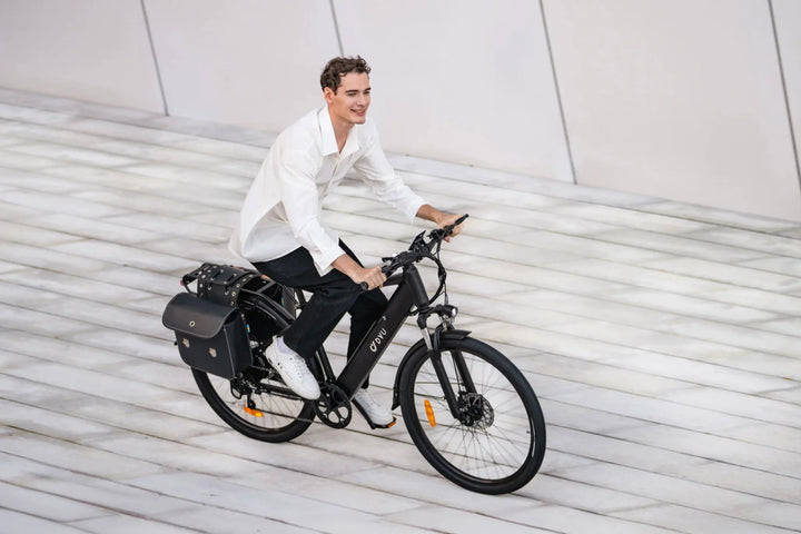 DYU C5 City E-Bike-rider with bag attached to rear rack