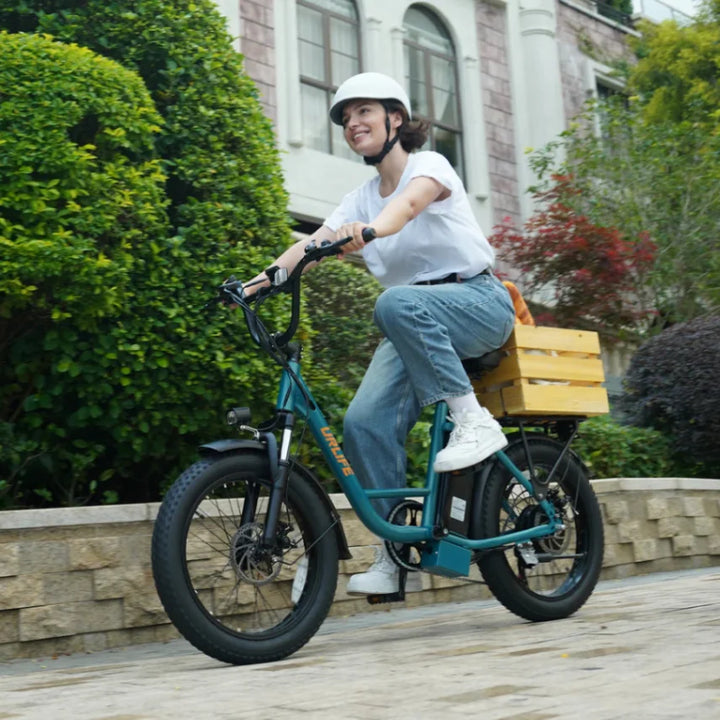 URLIFE E20 Fat Tyre E-Bike in Black-rider with delivery box on rear rack