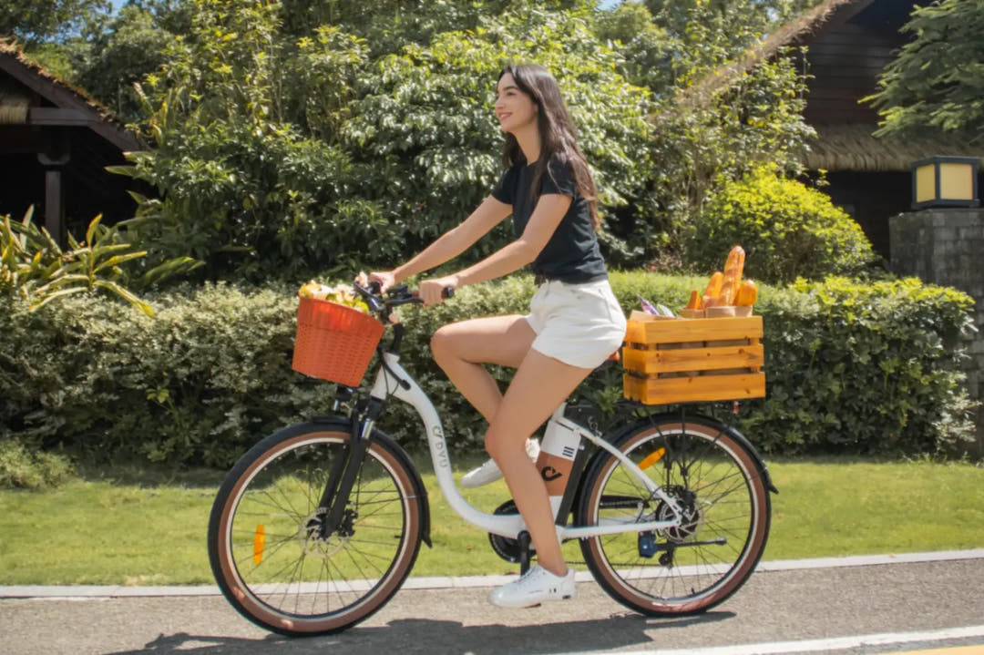 DYU C6 Pro City E-Bike-rider with box on rear rack