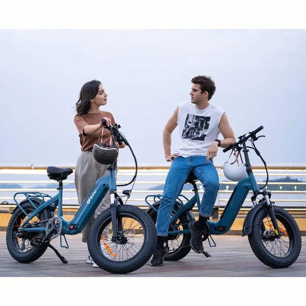 DYU FF500 Fat Tyre E-Bike-Biker with beach view