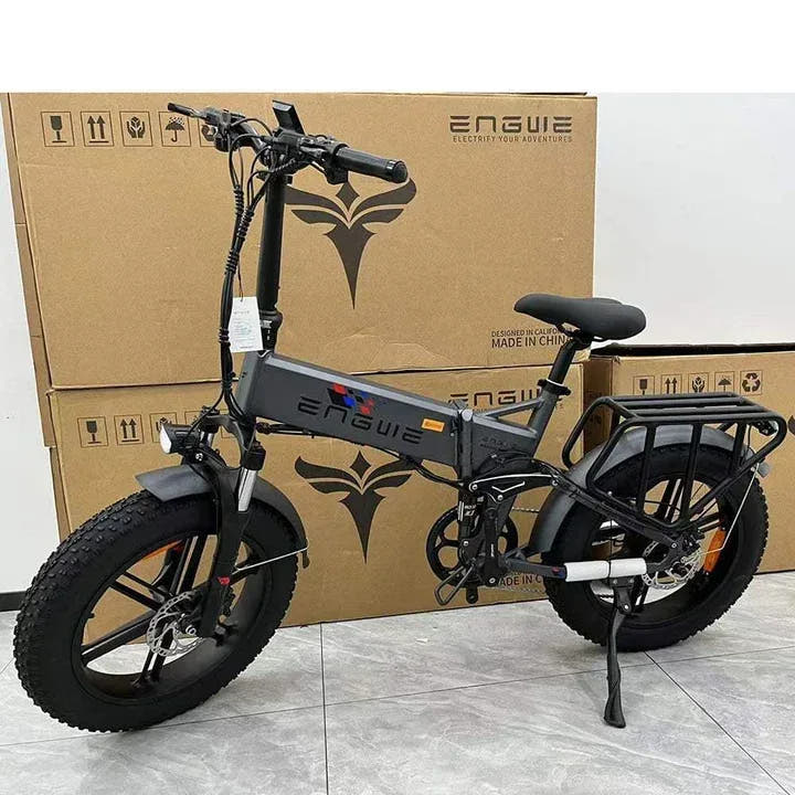 Engwe Engine Pro Fat Tyre Fatbikes in Grey-parked with box in background