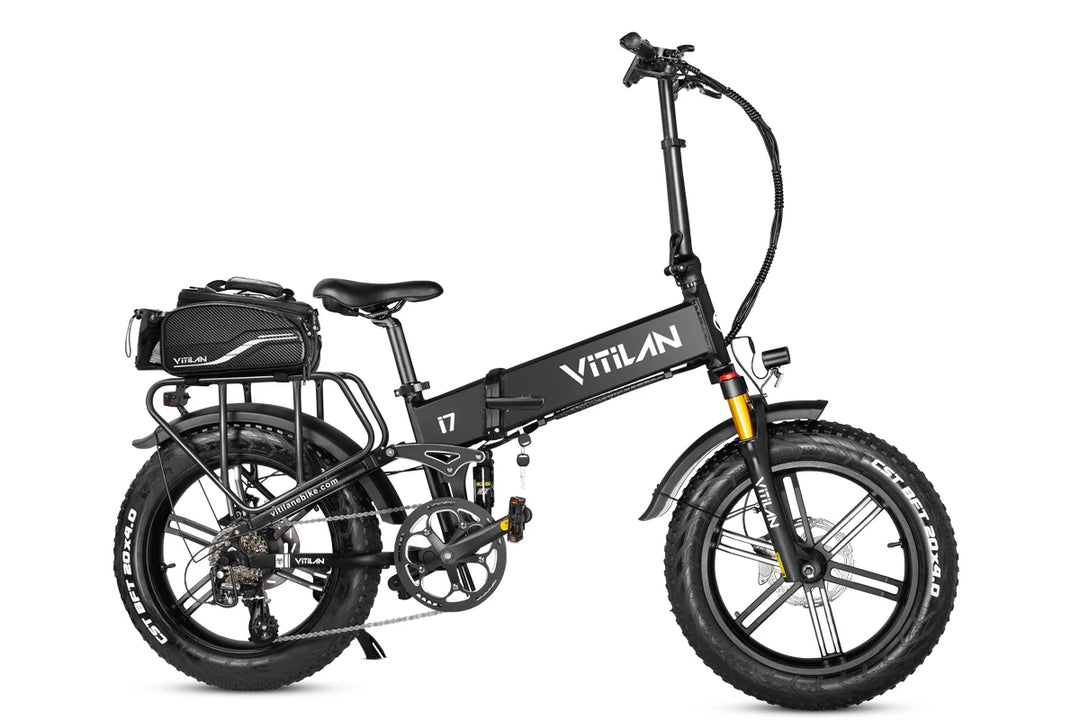 Vitilan I7 Pro Foldable Fat Tire Electric Bike - Black, Compact E-Bike with Wide Tires and Rear Rack Bag