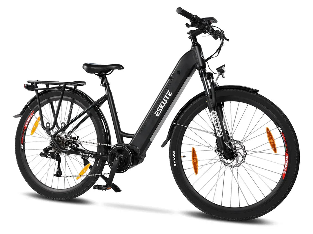 Eskute Polluno Pro Step-Thru Electric Bike - Black, Urban E-Bike with Mid-Drive Motor, Rear Rack, and Suspension Fork