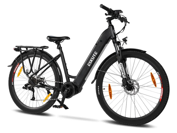Eskute Polluno Pro Step-Thru Electric Bike - Black, Urban E-Bike with Mid-Drive Motor, Rear Rack, and Suspension Fork