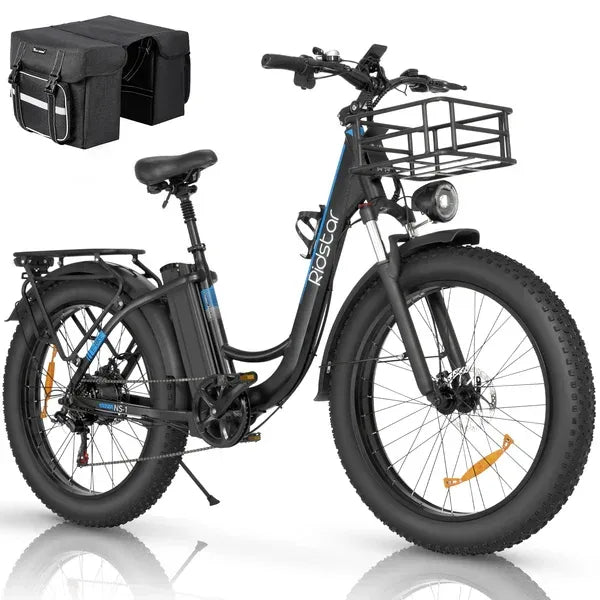 Ridestar MN26 Step-Thru Fat Tire Electric Bike - Black and Blue, Low Step E-Bike with Front Basket, Rear Rack, and Pannier Bags