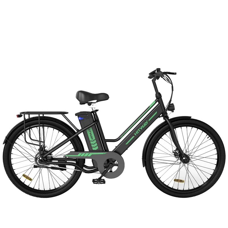HITWAY BK8S 26 Inch Electric City Bike - Black with Green Accents, Step-Through E-Bike with Rear Rack and Lights