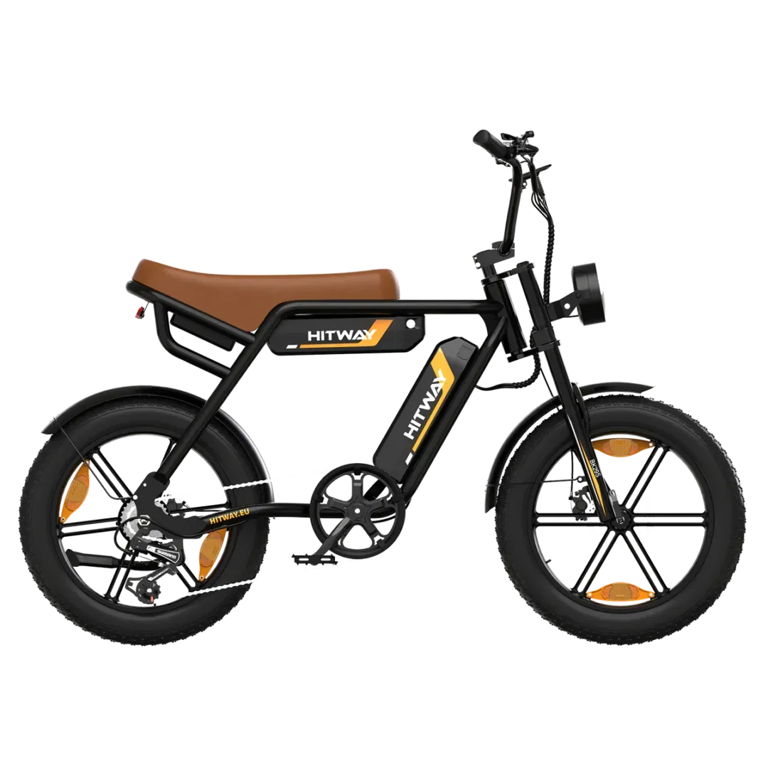 HITWAY BK29S Retro Electric Bike - Black with Brown Seat, Vintage Style E-Bike with Fat Tires and Suspension