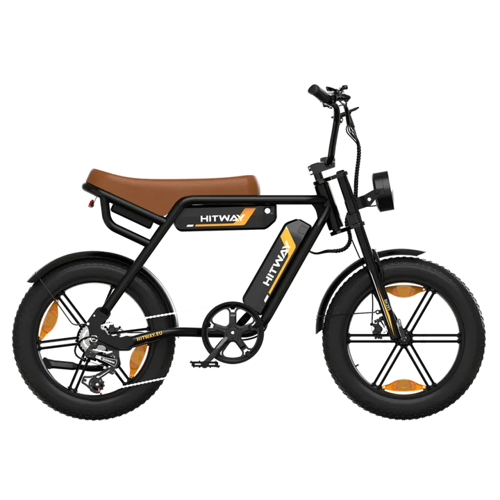 HITWAY BK29S Retro Electric Bike - Black with Brown Seat, Vintage Style E-Bike with Fat Tires and Suspension