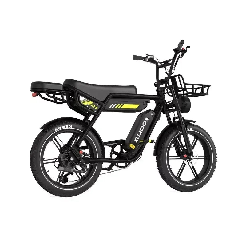 Koolux X9 Pro Fat Tyre Electric Bike - Black with Yellow Accents, Compact E-Bike with Front Basket, Rear Rack, and Pillion Seat