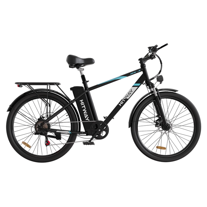 HITWAY BK3S Electric Bike - Black with Blue Accents, Commuter E-Bike with Rear Rack and Lights