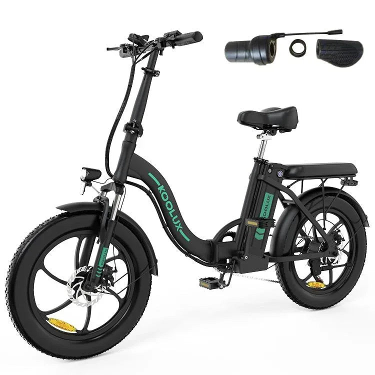 Koolux BK6 Fat Tyre Folding Electric Bike - Black with Green Accents, Compact E-Bike with Wide Tires, Rear Rack, and Thumb Throttle Option
