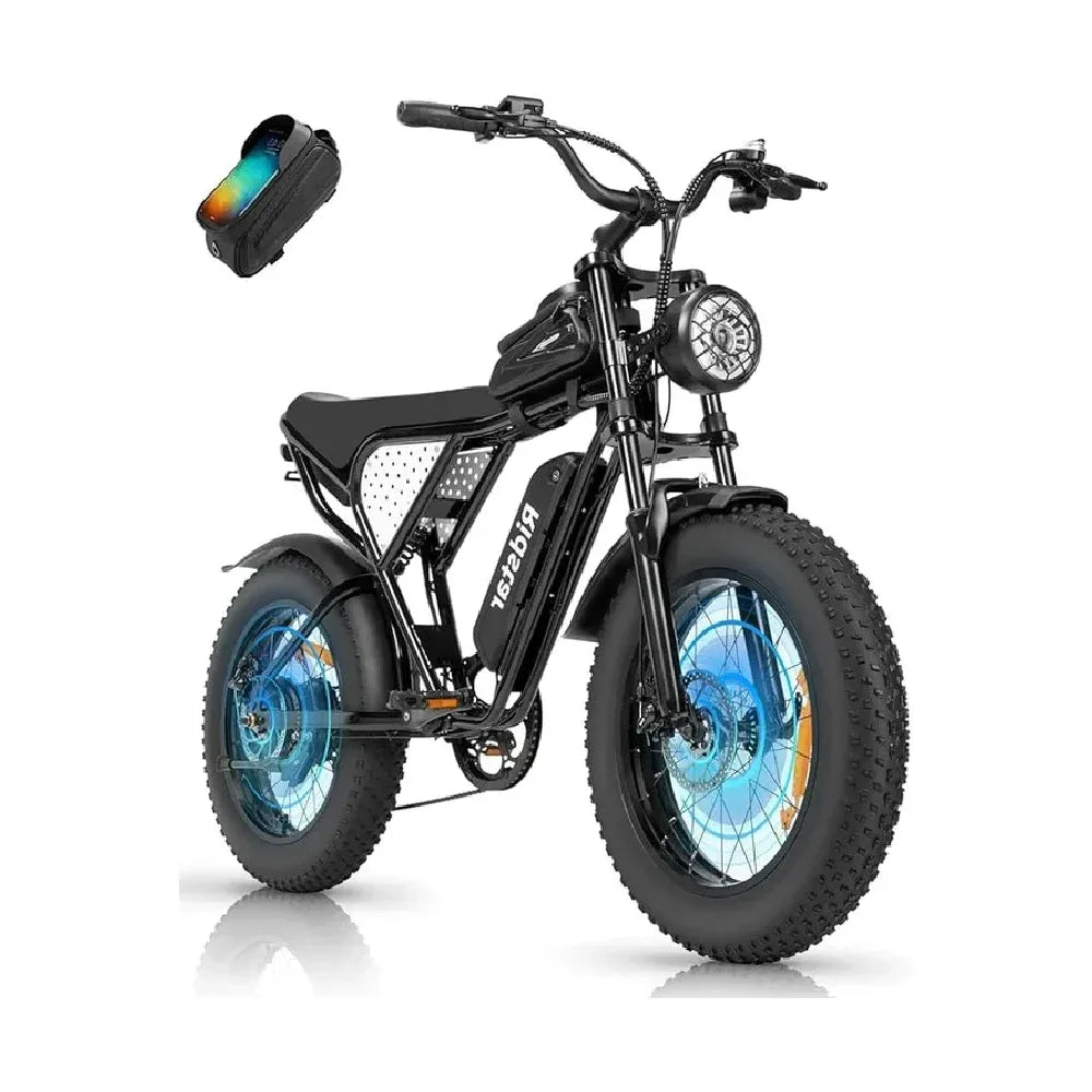 Ridstar Q20 Lite Fat Tire Ebike - Black, Compact E-Bike with Wide Tires and Phone Bag