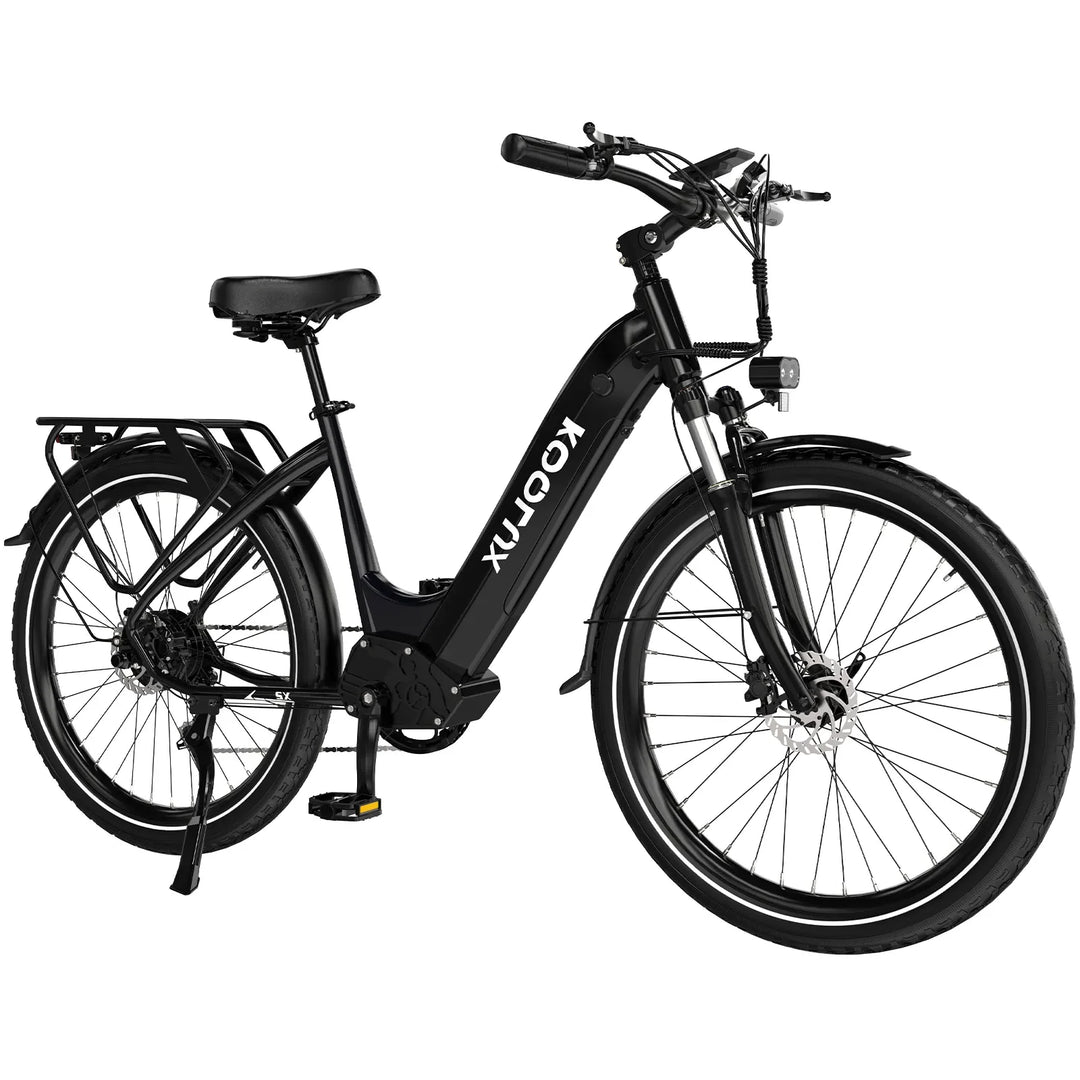 KOOLUX X2 Commuter Electric Bike - Black, Step-Through E-Bike with Rear Rack and Front Suspension