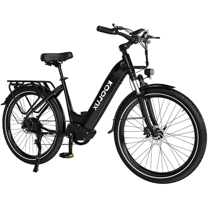 KOOLUX X2 Commuter Electric Bike - Black, Step-Through E-Bike with Rear Rack and Front Suspension