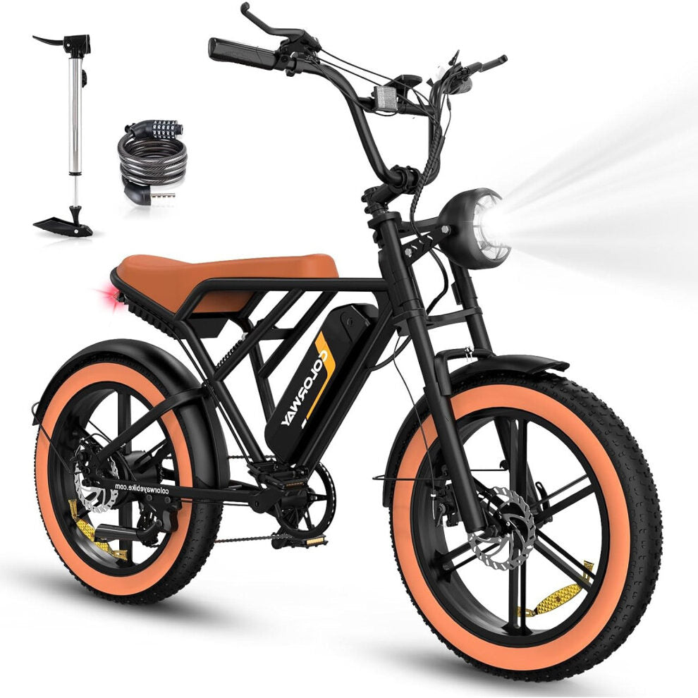COLORWAY BK29 Electric Fat Tire Bike - Black with Orange Accents, E-Bike with Headlight, Taillight, Pump, and Lock