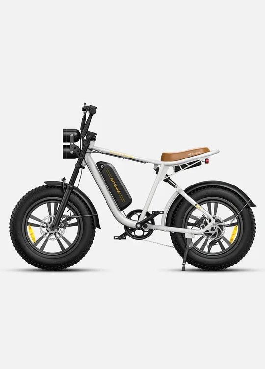 ENGWE M20 Electric Bike - White with Brown Seat, Retro Style E-Bike with Fat Tires and Dual Headlights