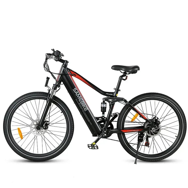 Samebike XD26-II Electric Mountain Bike - Black with Red Accents, Powerful E-MTB with Full Suspension