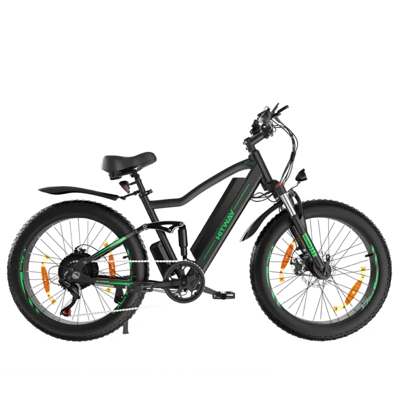 HITWAY BK9S Electric Mountain Bike - Black with Green Accents, Powerful E-MTB with Full Suspension and Fat Tires
