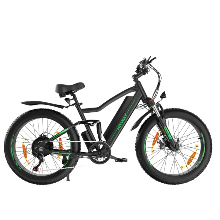 HITWAY BK9S Electric Mountain Bike - Black with Green Accents, Powerful E-MTB with Full Suspension and Fat Tires