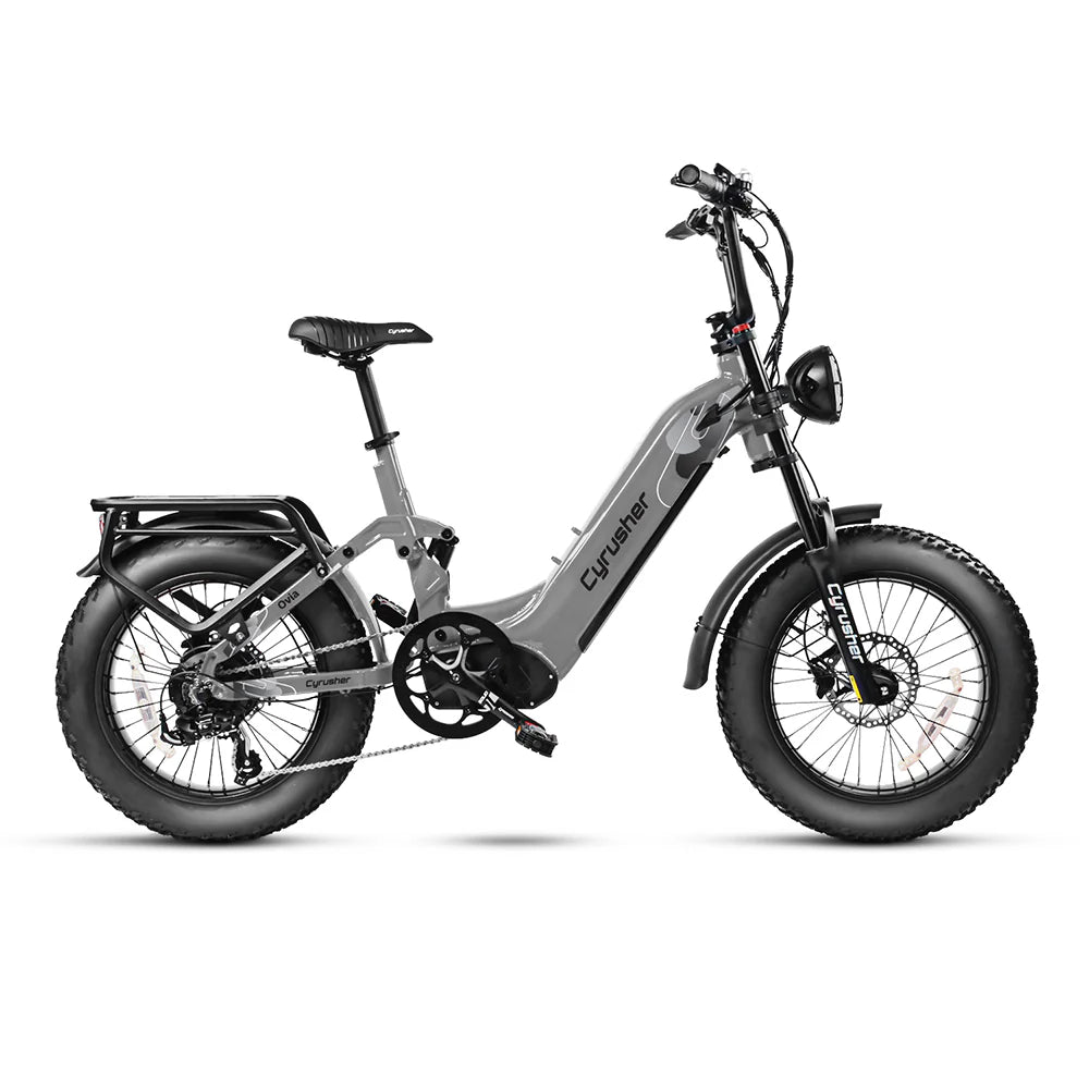 Cyrusher Ovia Step-Through Fat Tire Electric Bike - Grey, Low Step E-Bike with Wide Tires and Rear Rack