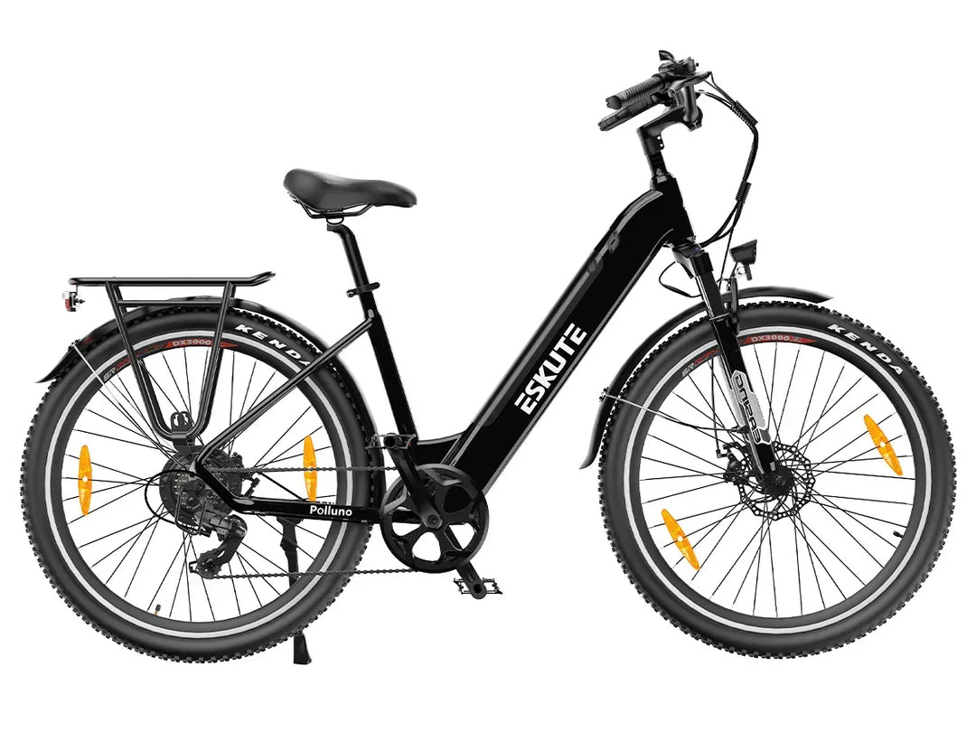 Eskute Polluno Plus Step-Thru Electric Bike - Black, Upgraded Urban E-Bike with Rear Rack and Suspension Fork