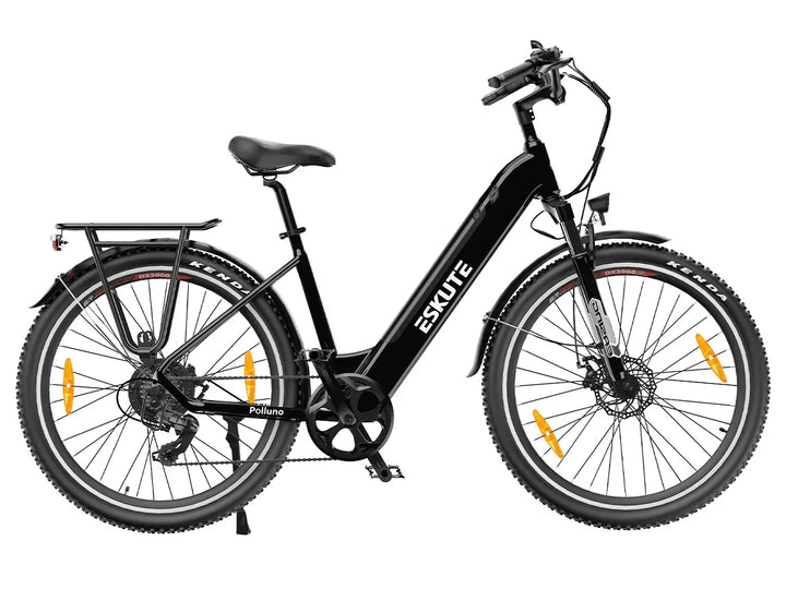 Eskute Polluno Plus Step-Thru Electric Bike - Black, Upgraded Urban E-Bike with Rear Rack and Suspension Fork