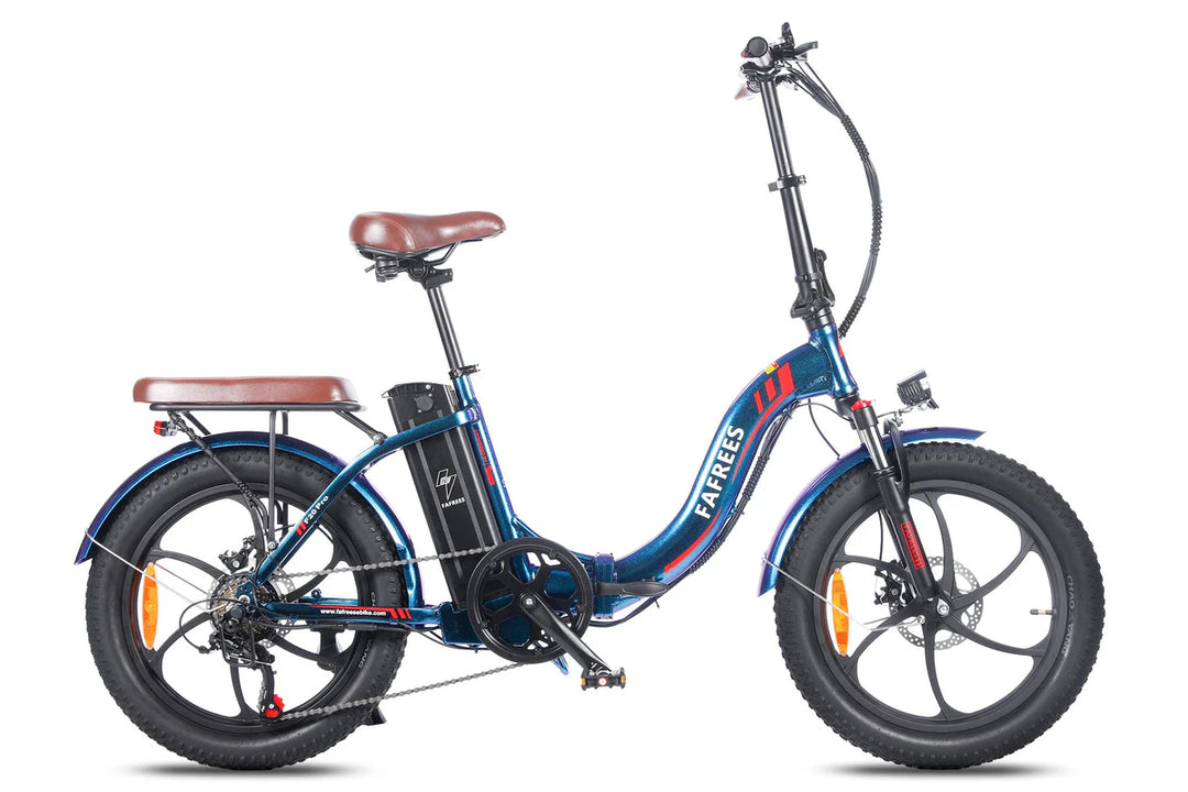 Fafrees F20 Pro Folding Electric Bike - Blue with Brown Seat and Accents, Fat Tires