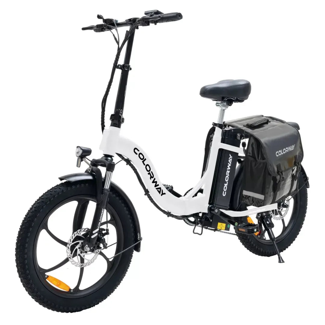 Colorway BK6 Fat Tyre Folding Electric Bike - White, Compact E-Bike with Wide Tires and Rear Rack Bag