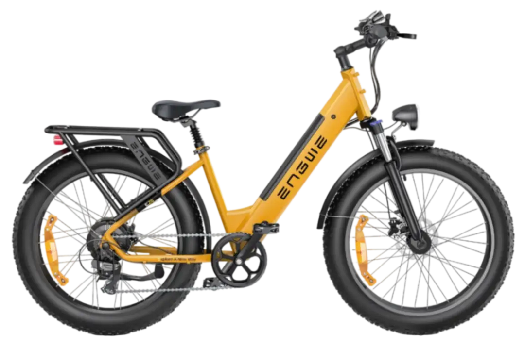 Engwe E26 Fat Tyre Step-Through E-Bike with Rear Rack in Bumblee Yellow - Prime Pedals