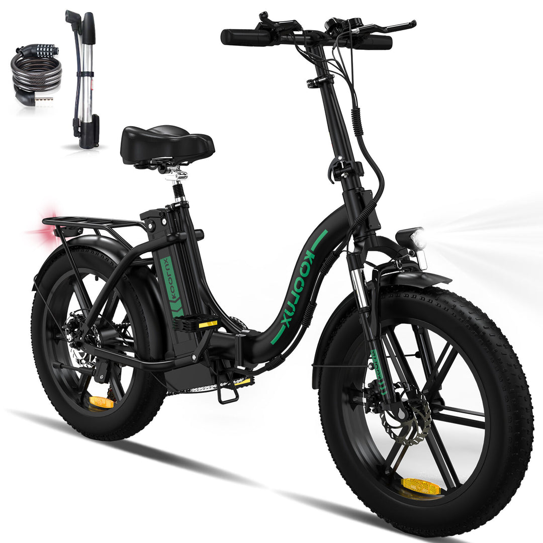 Koolux BK6S Fat Tyre Foldable Electric Bike - Black with Green Accents, Compact E-Bike with Wide Tires, Lock, and Pump