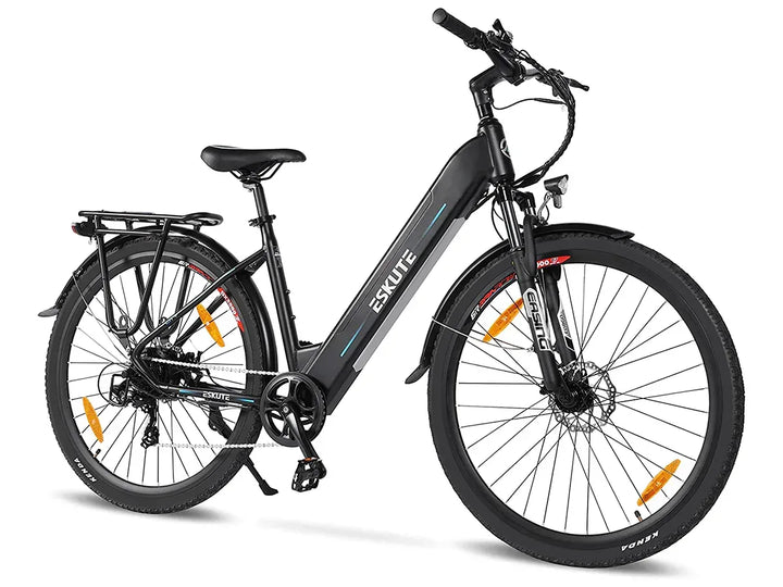 Eskute Polluno Step-Thru Electric Bike - Black, Urban E-Bike with Rear Rack and Suspension Fork