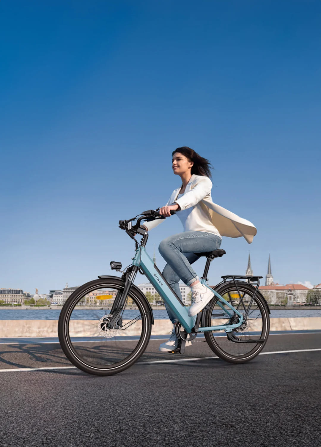 ENGWE P275 SE City E-Bike in Sky Blue-rider on road