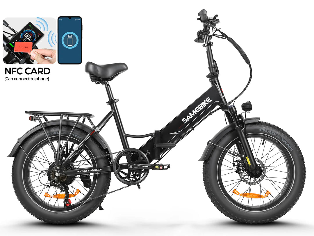 Samebike LOTDM200-II Folding Fat Tire Electric Bike - Black, Compact E-Bike with NFC Phone Connection and Rear Rack