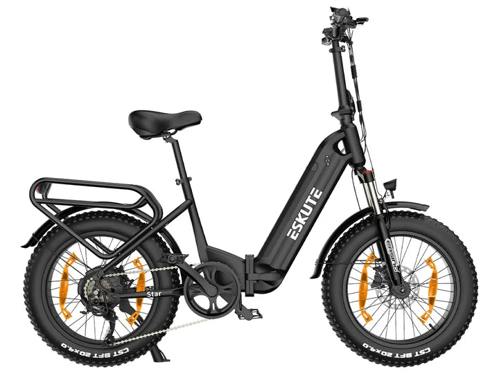 Eskute Star Folding Fat Tire Electric Bike - Black, Compact E-Bike with Wide Tires and Rear Rack