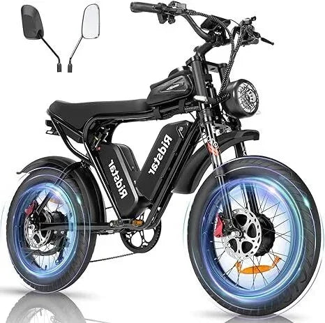 Ridstar Q20 Pro Fat Tire Ebike - Black, Powerful E-Bike with Wide Tires and Rearview Mirrors