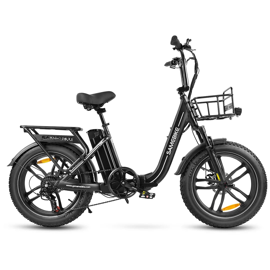 Samebike C05 PRO Folding Fat Tire Electric Bike - Black, Compact E-Bike with Front Basket and Rear Rack