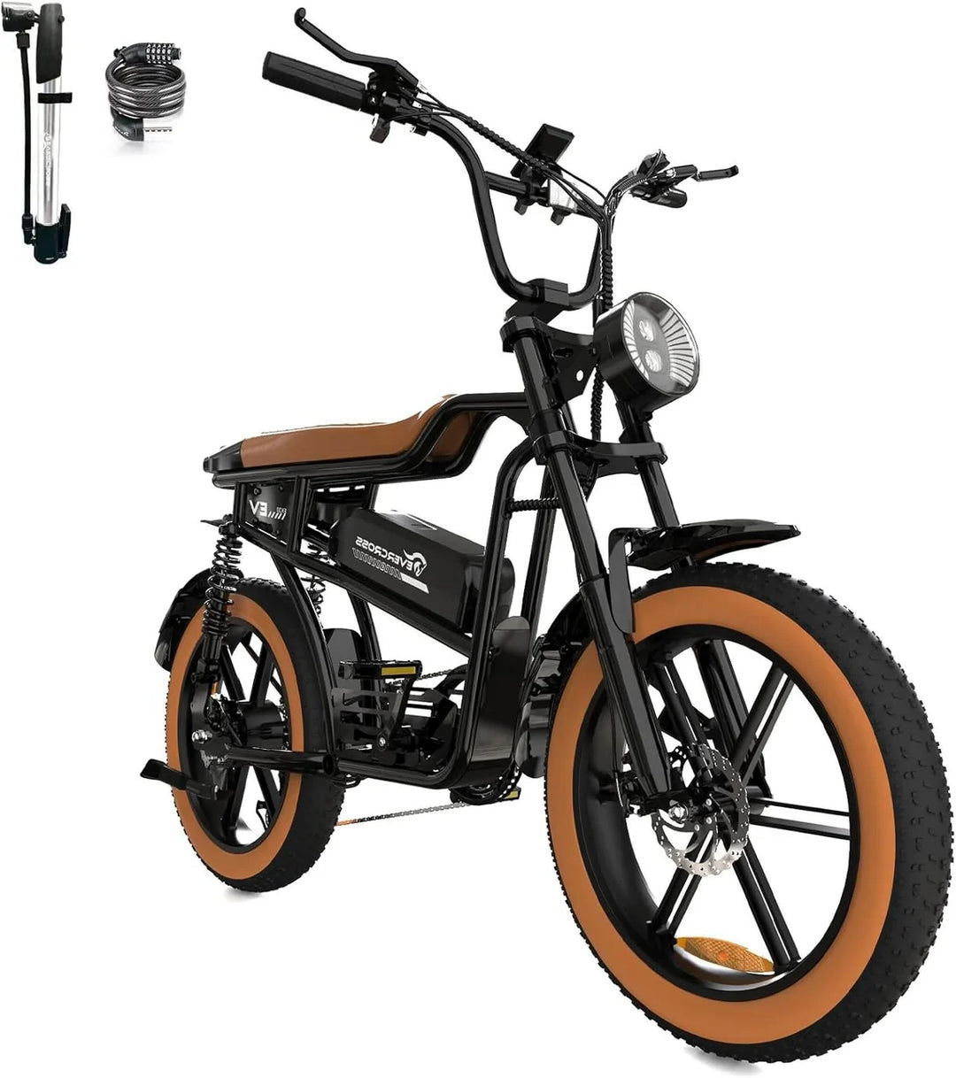Evercross EK30 Electric Cruiser Bike - Black with Tan Tires and Seat, Fat Tire E-Bike with Headlight, Tail Light, Pump, and Lock