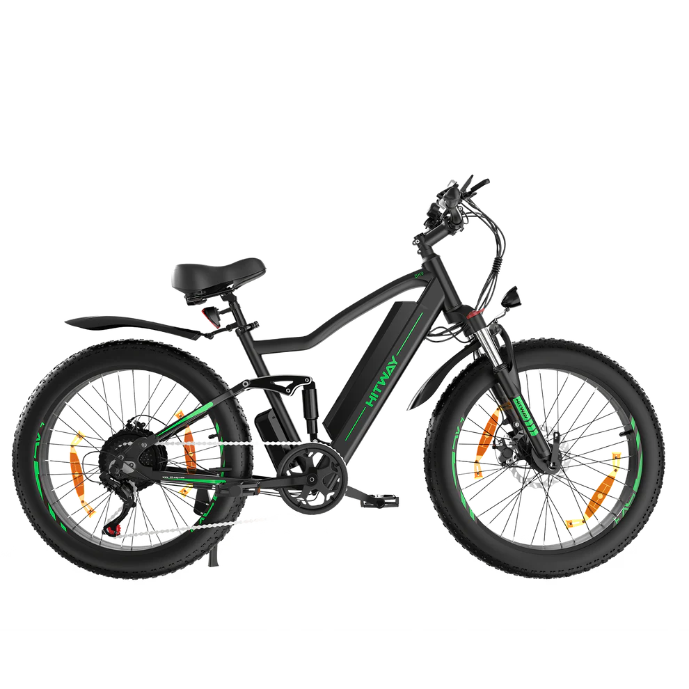 HITWAY BK9 Electric Mountain Bike - Black with Green Accents, Full Suspension E-MTB with Fat Tires