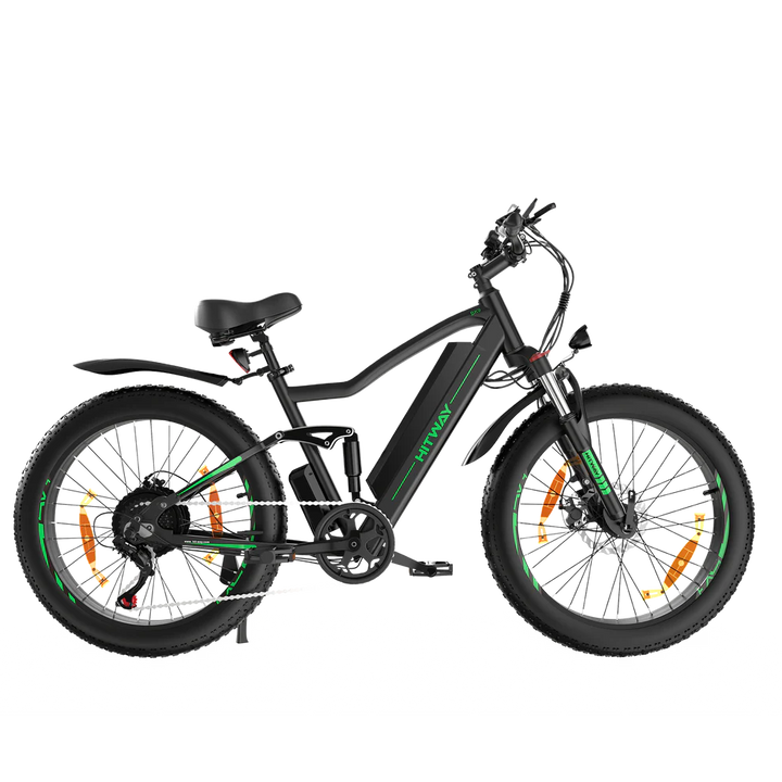 HITWAY BK9 Electric Mountain Bike - Black with Green Accents, Full Suspension E-MTB with Fat Tires