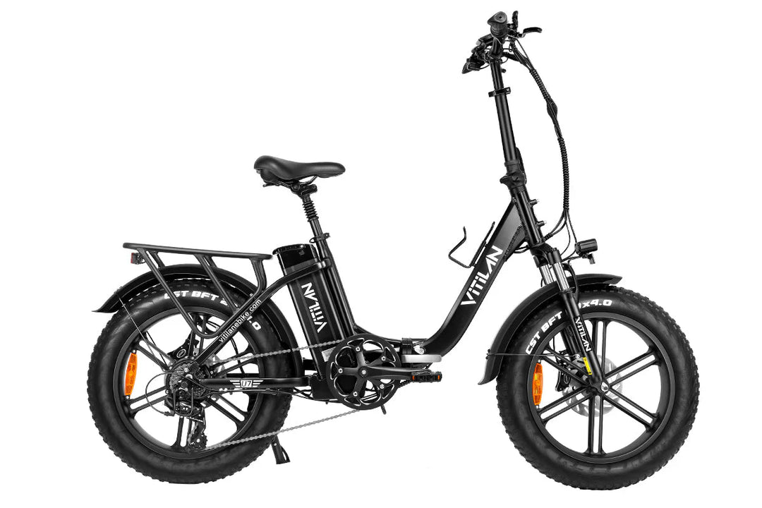 Vitilan U7 Step-Thru Foldable Fat Tire Electric Bike - Black, Compact E-Bike with Wide Tires and Rear Rack