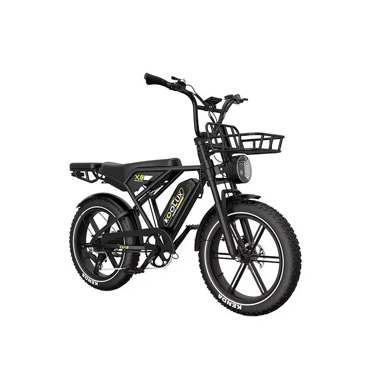Koolux X9 Fat Tyre Electric Bike - Black with Yellow Accents, Compact E-Bike with Front Basket, Rear Rack, and Pillion Seat