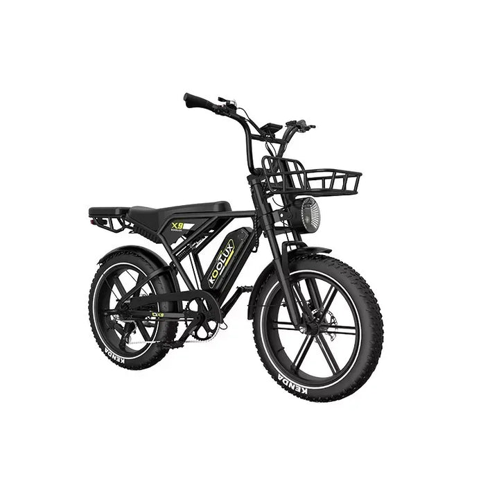Koolux X9 Fat Tyre Electric Bike - Black with Yellow Accents, Compact E-Bike with Front Basket, Rear Rack, and Pillion Seat