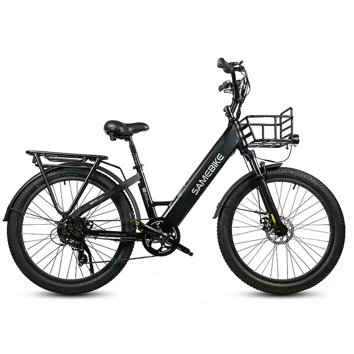 Samebike RS-A01 Electric Bike - Black, Step-Thru E-Bike with Front Basket and Rear Rack