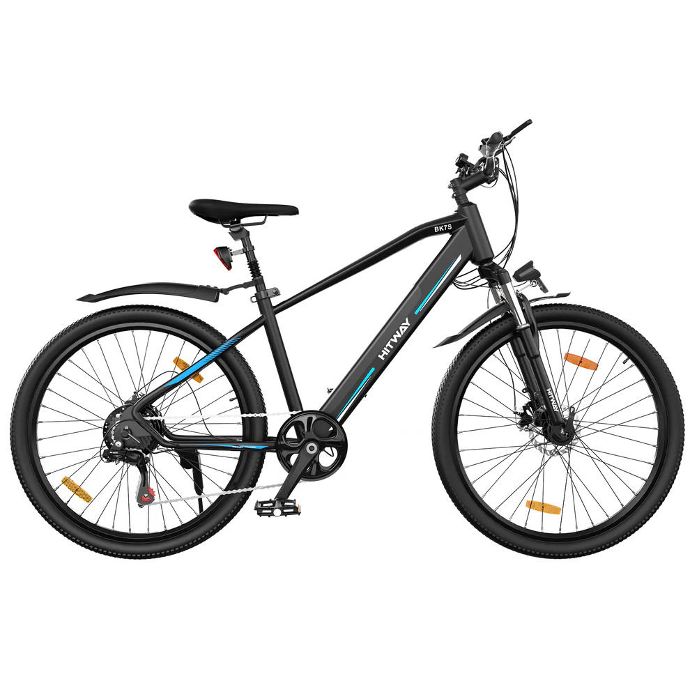 HITWAY BK7 Electric Mountain Bike - Black with Blue Accents, E-MTB with Front Suspension and Disc Brakes