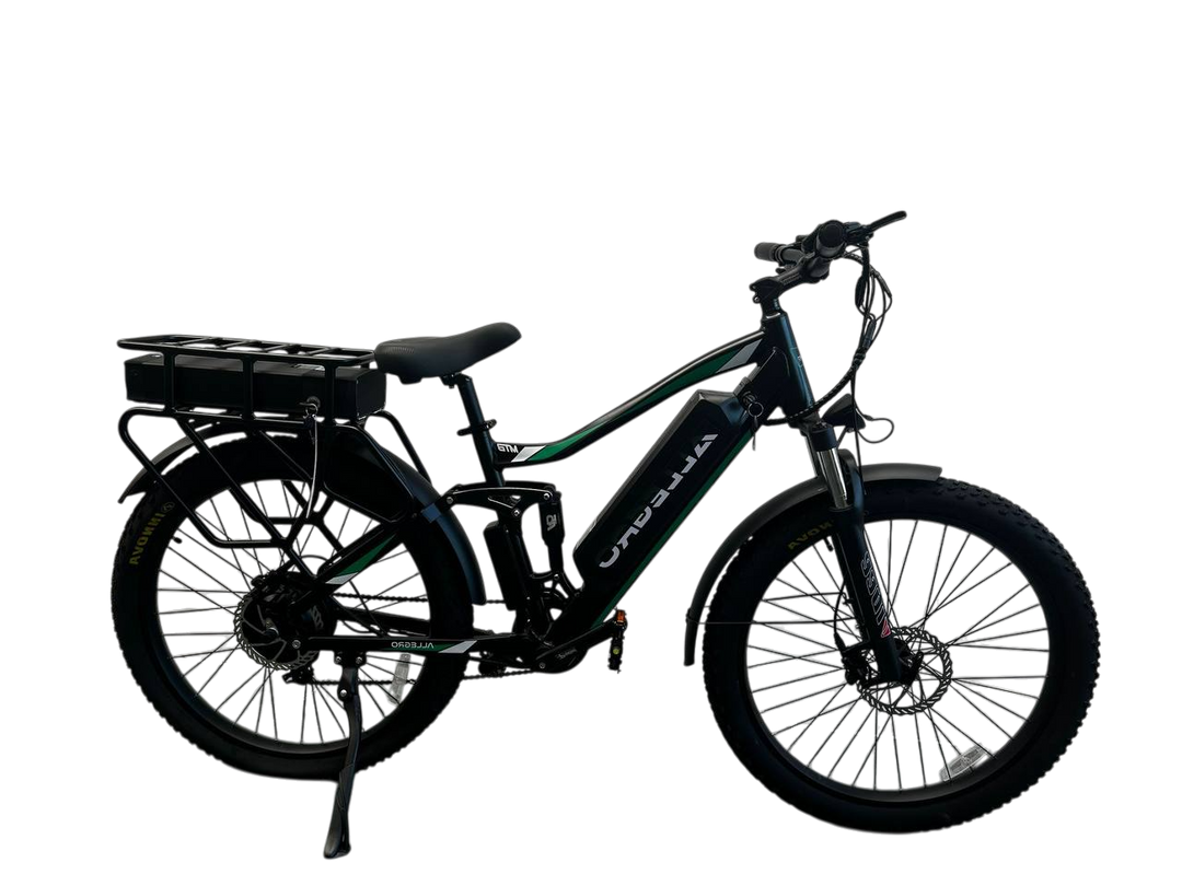 Allegro TDL6131 Long Range Electric Bike - Black with Green Accents, Full Suspension E-Bike with Rear Rack