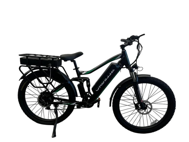 Allegro TDL6131 Long Range Electric Bike - Black with Green Accents, Full Suspension E-Bike with Rear Rack