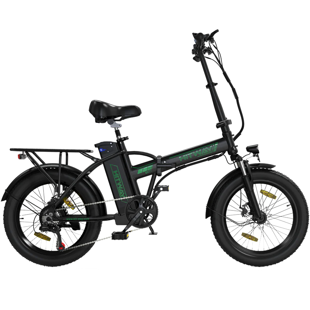 HITWAY BK11 Folding Electric Bike - Black with Green Accents, Compact E-Bike with Fat Tires and Rear Rack