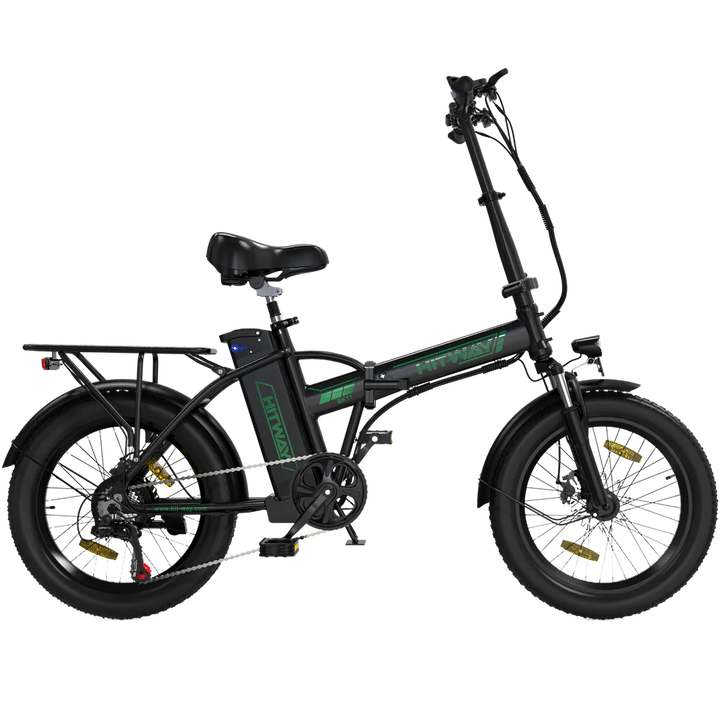 HITWAY BK11 Folding Electric Bike - Black with Green Accents, Compact E-Bike with Fat Tires and Rear Rack
