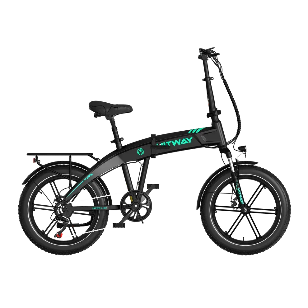 Hitway BK36 Folding Electric Bike - Black with Green Accents, Compact E-Bike with Rear Rack